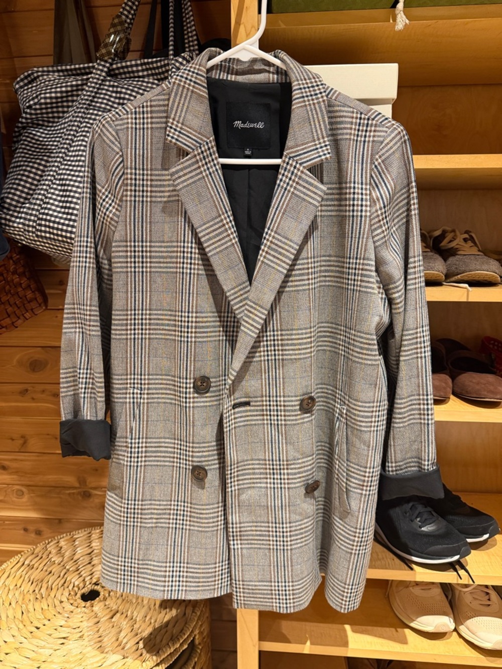 Madewell Plaid Double-Breasted Blazer in Taupe and Gray